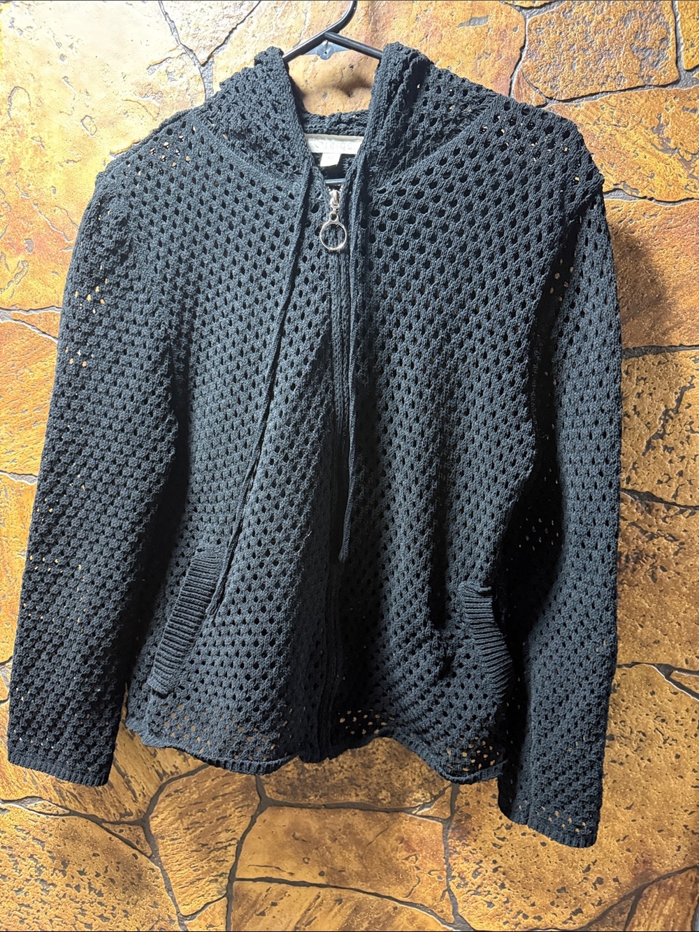 Greige Black Open-Weave Hooded Zip Cardigan P2P 19” length 22”